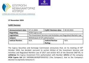 خروج داوطلبانه IFC Markets از CySEC قبرس
