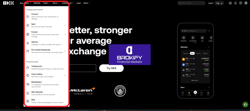 اوکی ایکس - انتخاب نوع معاملات