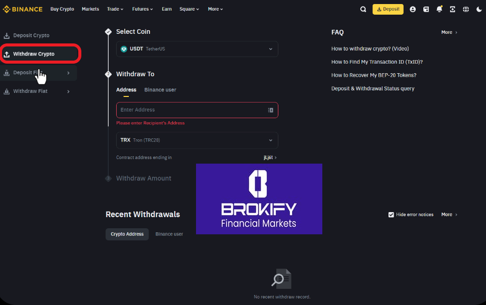 بایننس - نحوه برداشت از حساب