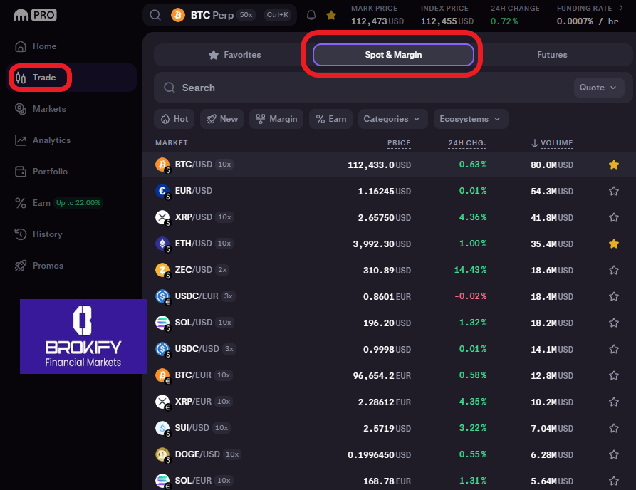 کراکن - نحوه انتخاب معاملات اسپات
