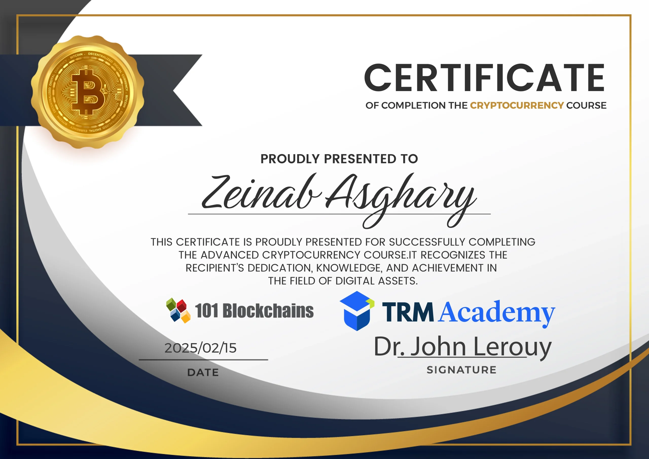 from RTM AcademyCompletion the Cryptocurrency Course