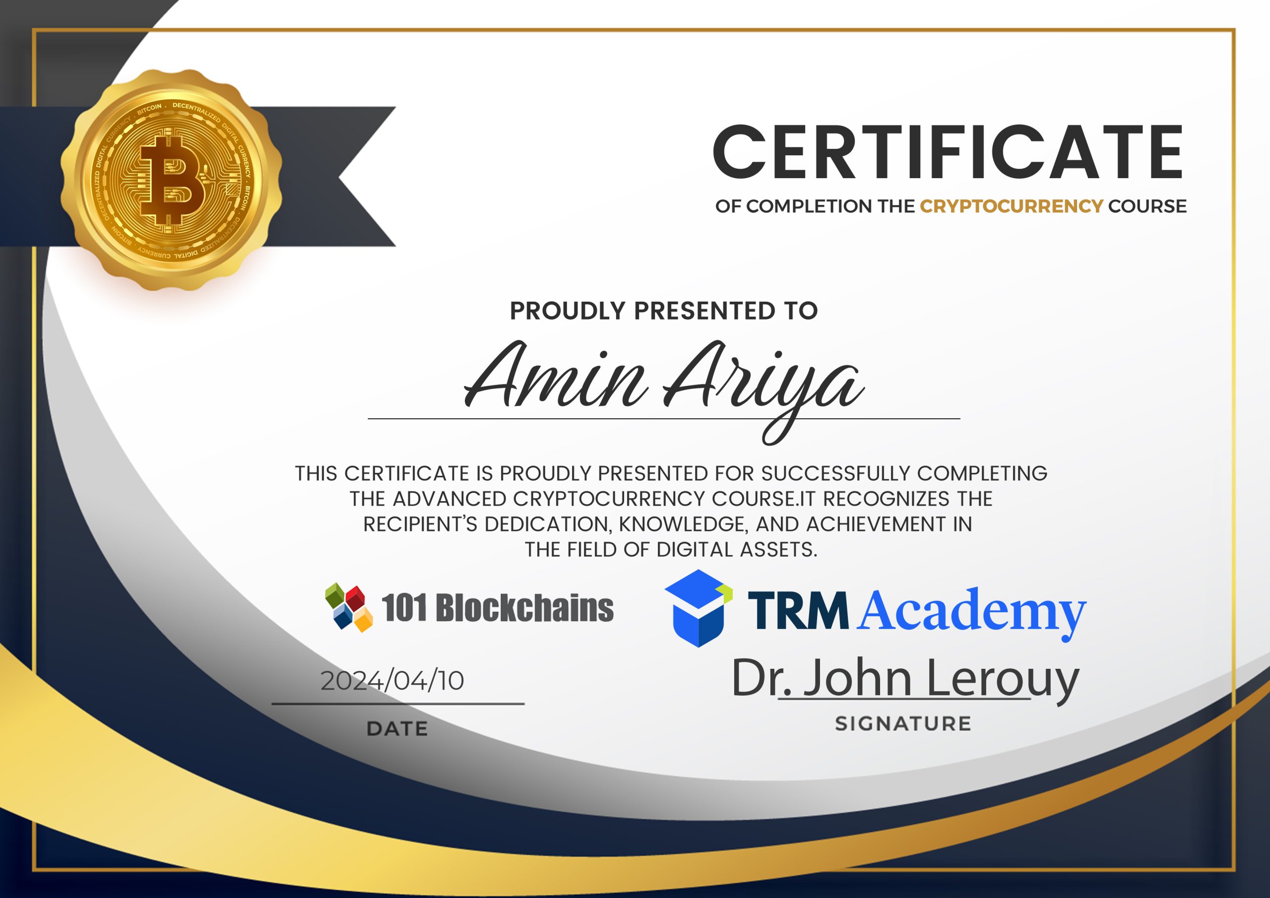  from RTM AcademyCompletion the Cryptocurrency Course